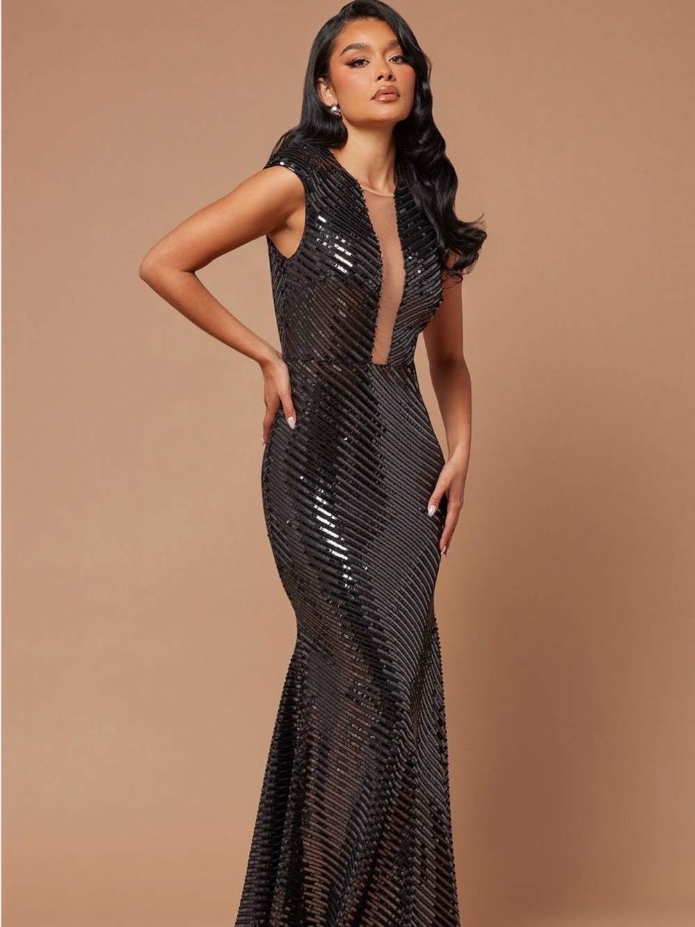 BNWT Fashion Nova Black Sequin Plunge Mermaid Gown